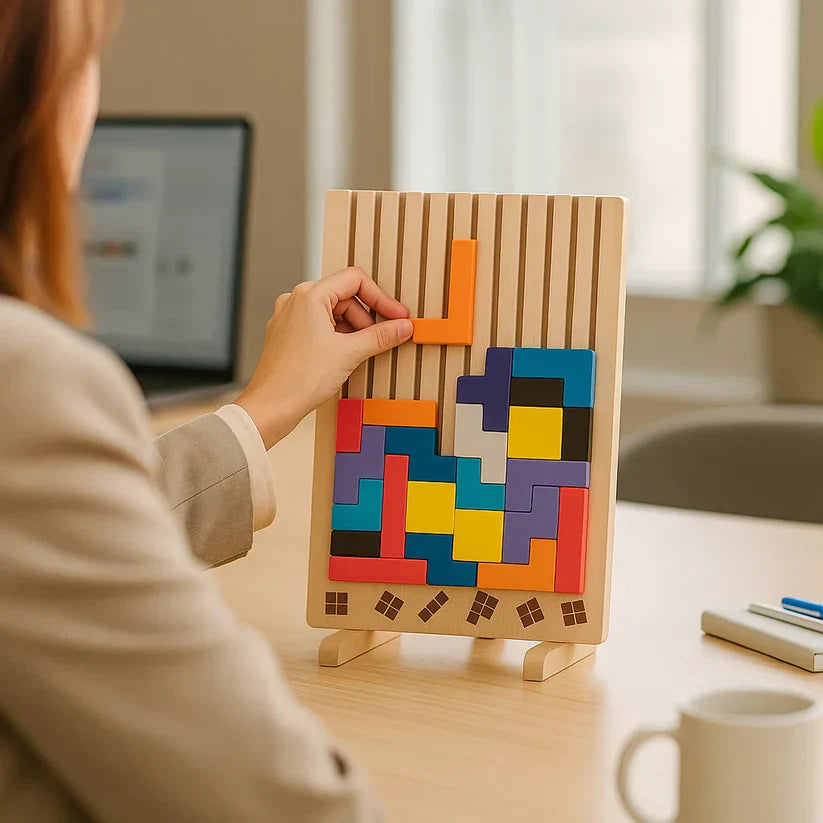 Wooden Tetris Puzzle Board – Brain Teaser Desk Toy & Tangram Strategy Game