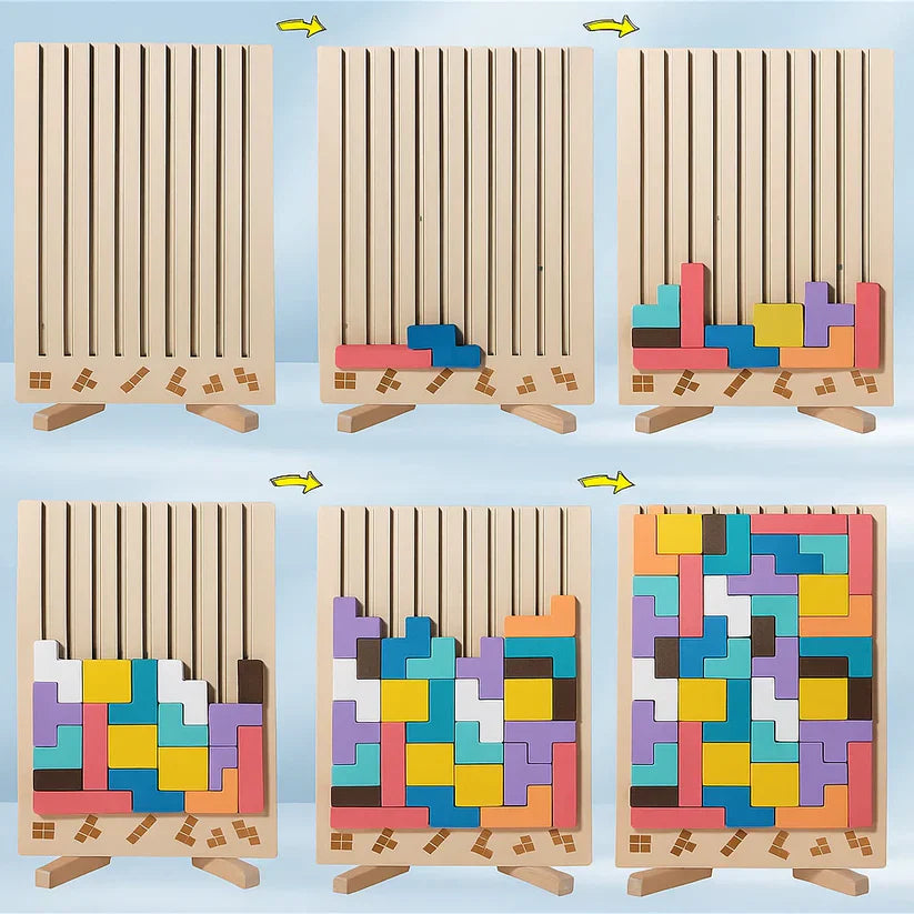 Wooden Tetris Puzzle Board – Brain Teaser Desk Toy & Tangram Strategy Game