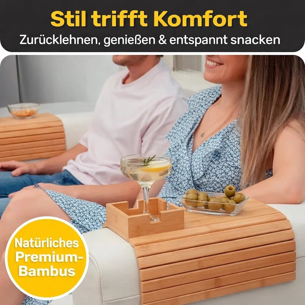 Bamboo Sofa Armrest Tray - Eco-Friendly Cup Holder & Snack Organizer