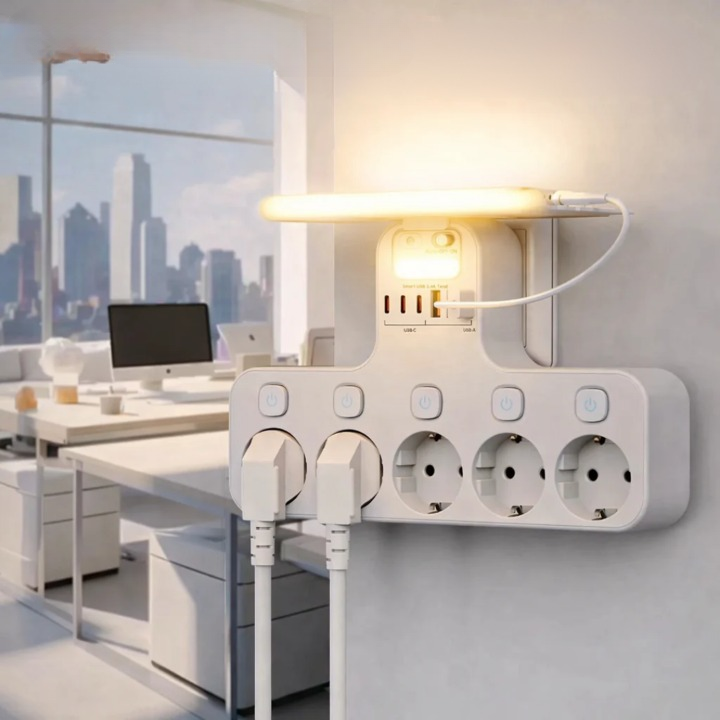 Wall Power Strip with USB & Night Light – 5 Sockets & Phone Shelf Mount