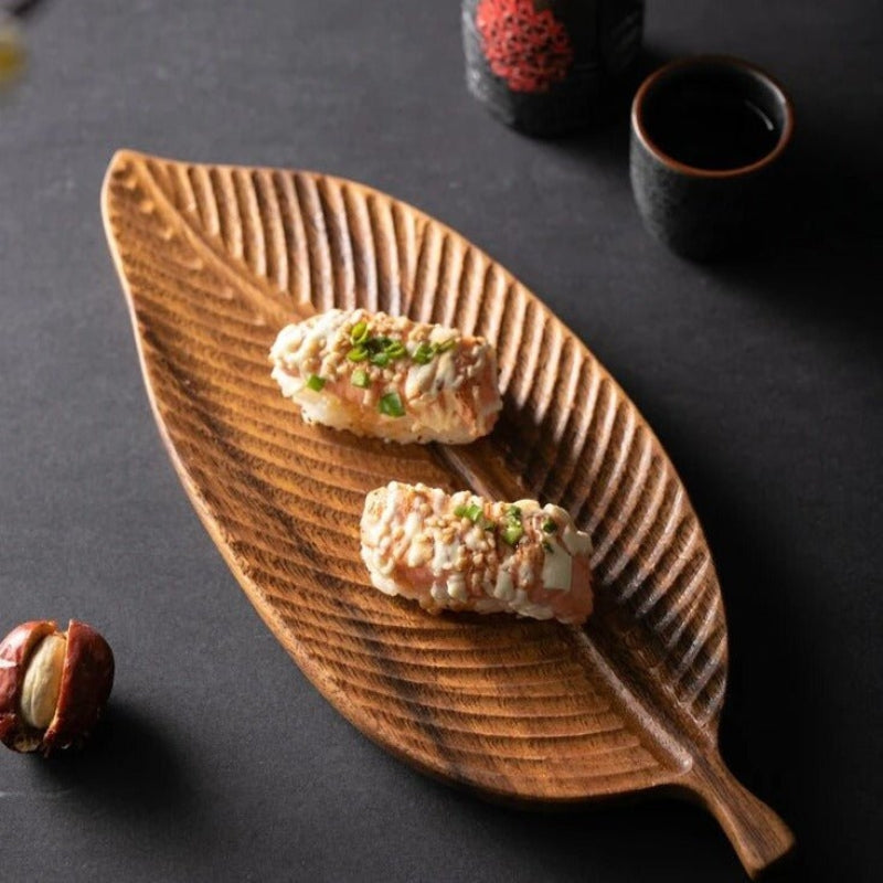 Wooden Leaf Serving Tray – Carved Decorative Design with Handle