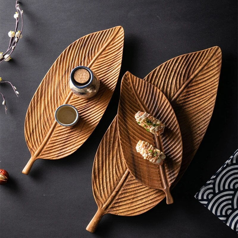 Wooden Leaf Serving Tray – Carved Decorative Design with Handle