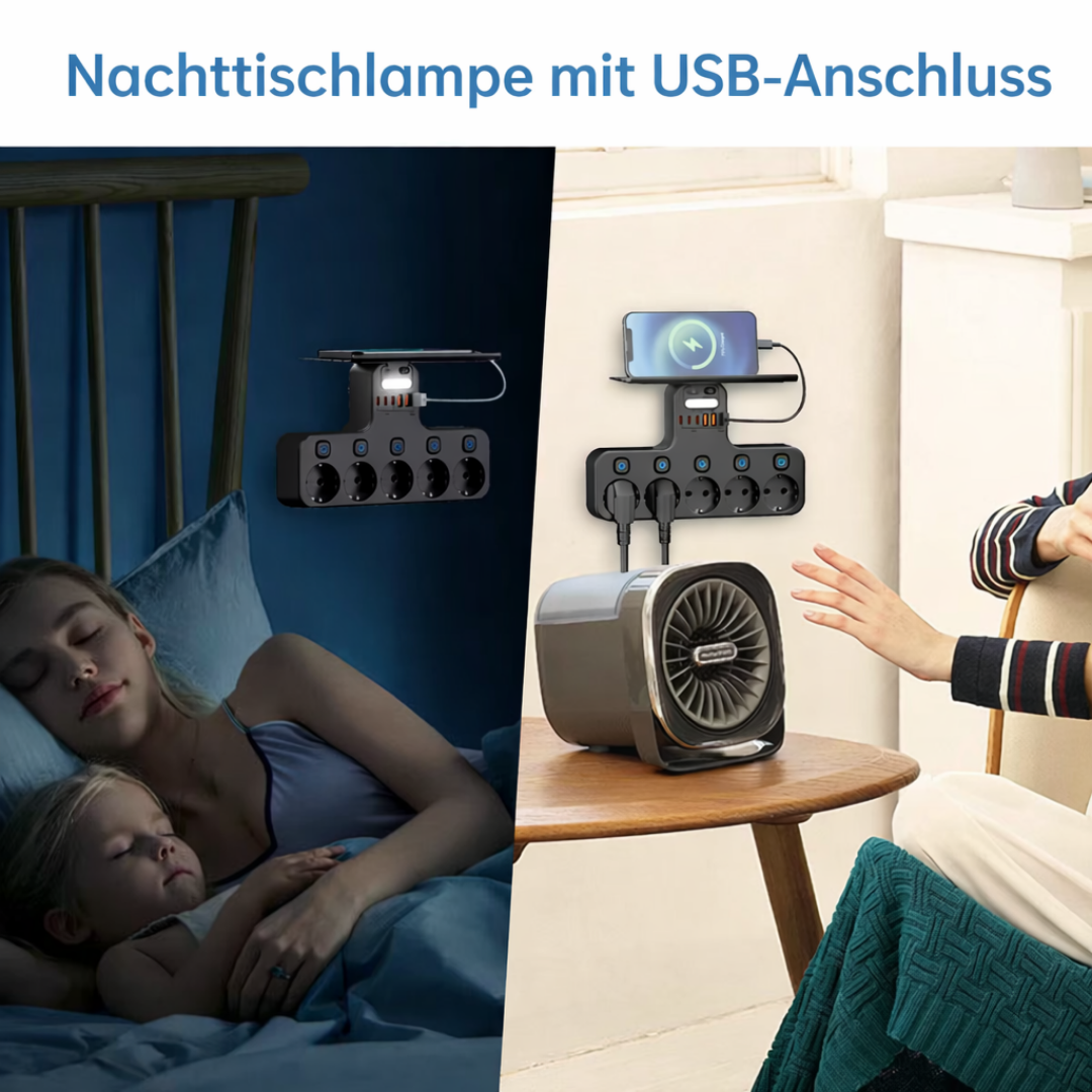 Wall Power Strip with USB & Night Light – 5 Sockets & Phone Shelf Mount