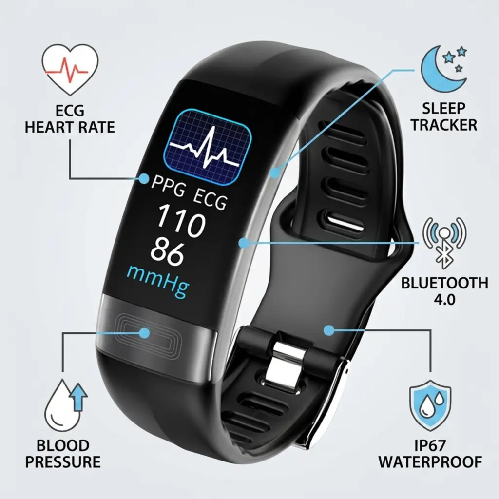 Smart Health Bracelet – Blood Pressure EKG SpO2 & Sleep Tracker FDA