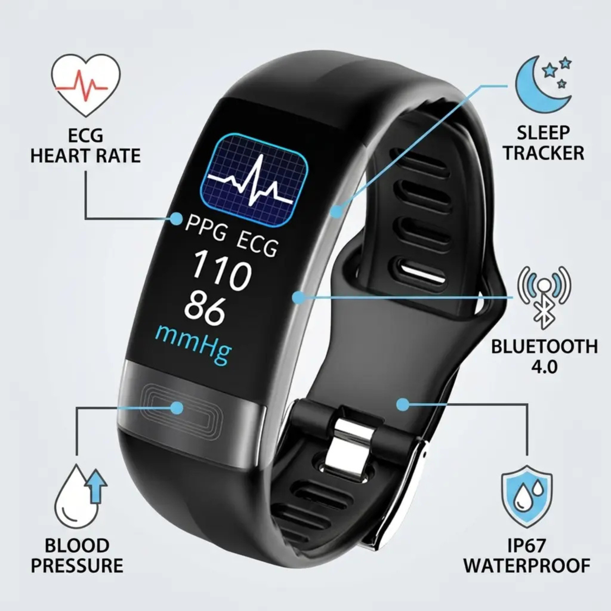 Smart Health Bracelet – Blood Pressure EKG SpO2 & Sleep Tracker FDA