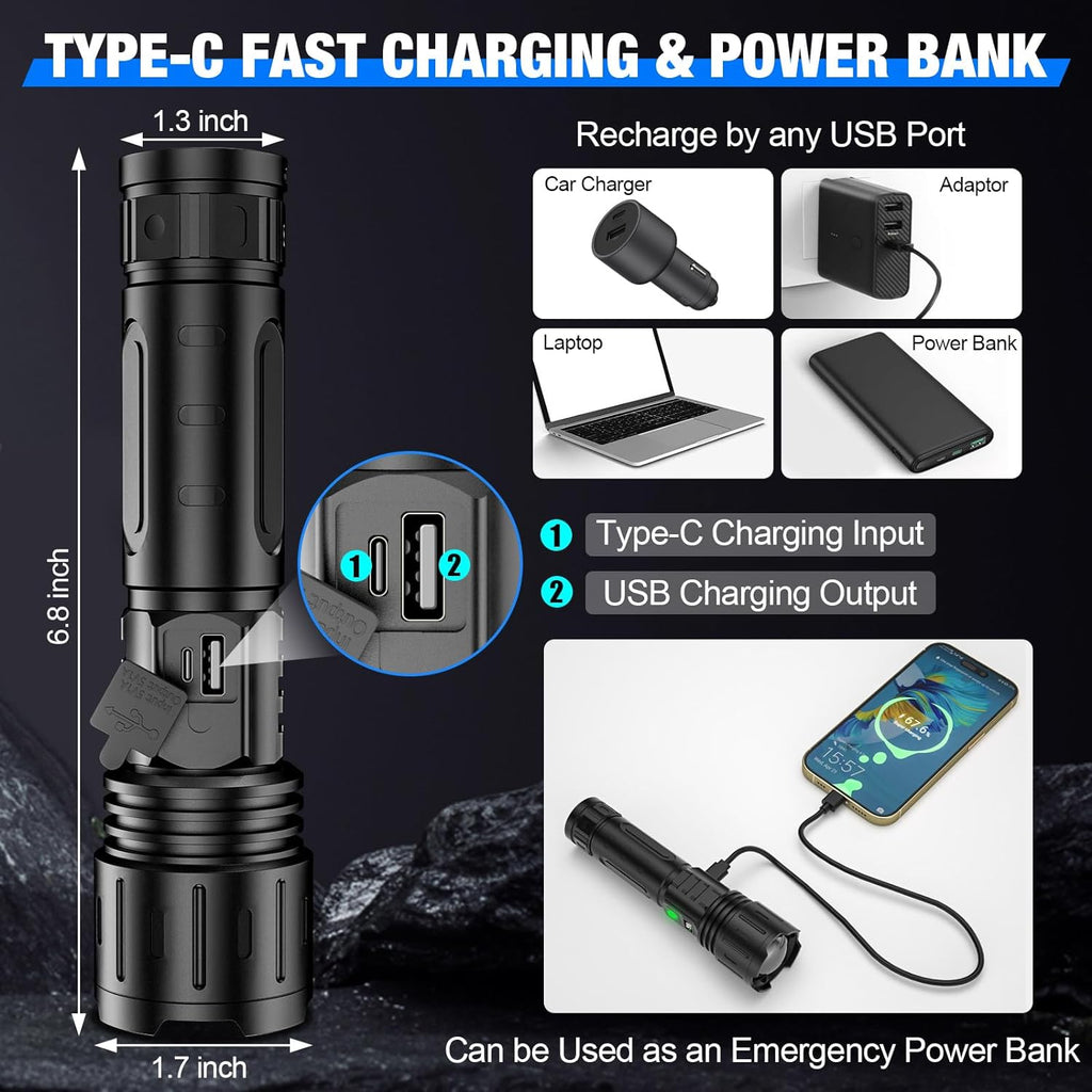 Super Bright 100,000 LM Rechargeable LED Tactical Flashlight - Ultra-High Lumens, Waterproof, Compact & Durable for Outdoor Adventures