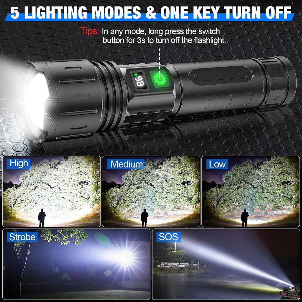 Super Bright 100,000 LM Rechargeable LED Tactical Flashlight - Ultra-High Lumens, Waterproof, Compact & Durable for Outdoor Adventures