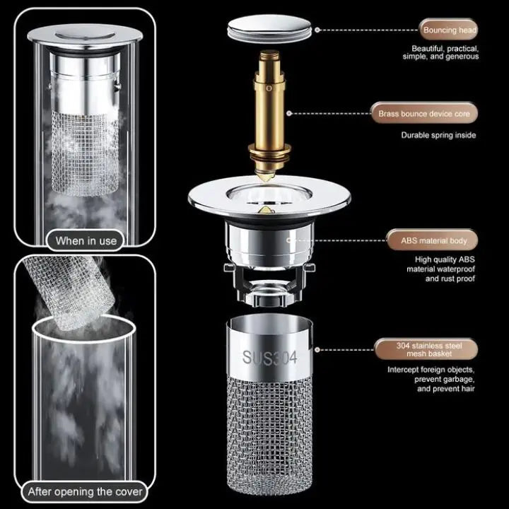 Drain Strainer with Pop-Up Function – Blockage Prevention, Easy Install & Stainless