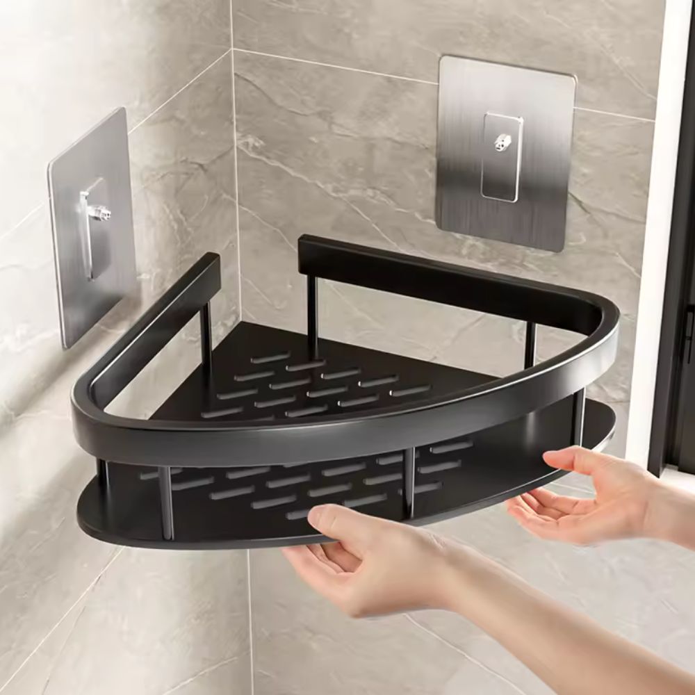 Corner Shower Shelf – Drill-Free Aluminium &amp; Self-Adhesive Wall Mount