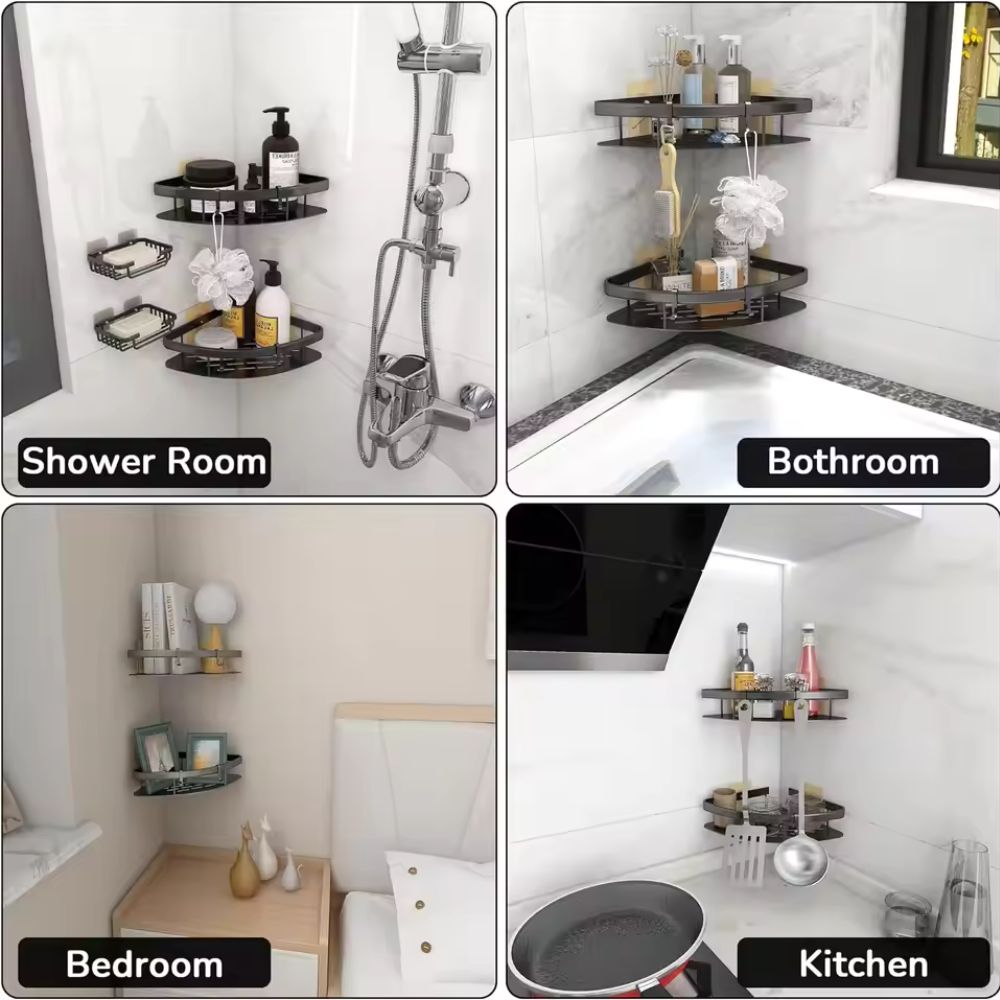 Corner Shower Shelf – Drill-Free Aluminium &amp; Self-Adhesive Wall Mount