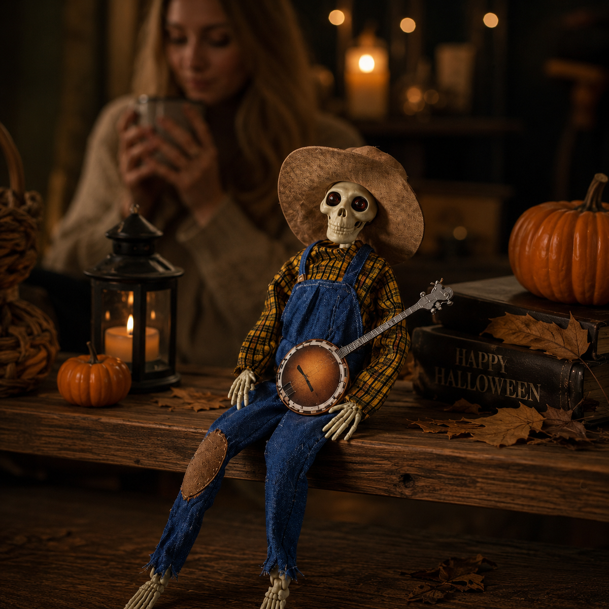 Animated Halloween Skeleton Musical Duo with Banjo