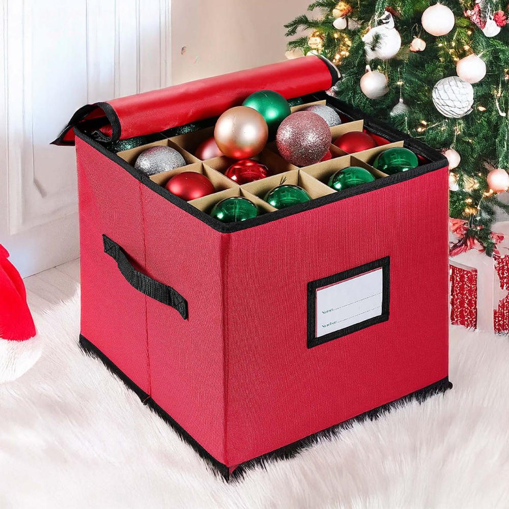 Christmas Ornament Storage Box with Adjustable Dividers and Viewing Window