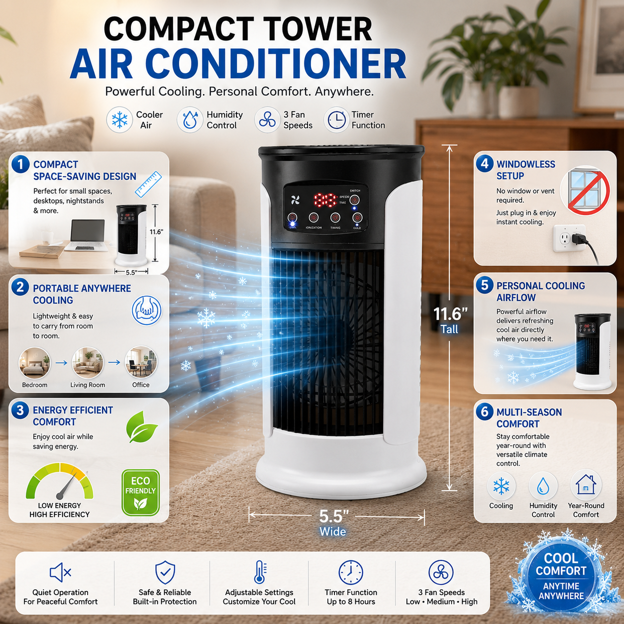 ZenWave EcoCool | Compact Portable Air Conditioner – Energy Efficient & Evaporative Cooling