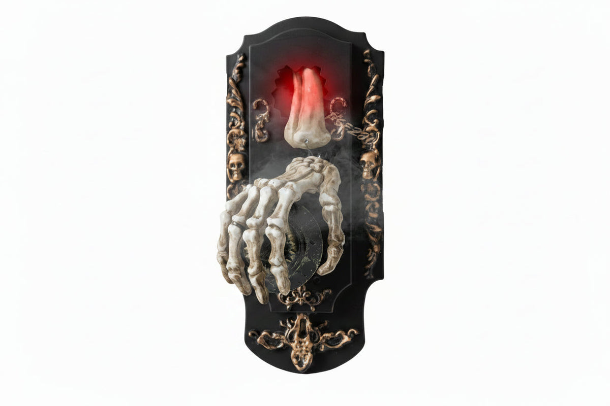 Motion-sensor Halloween doorbell prop with sound and light effects