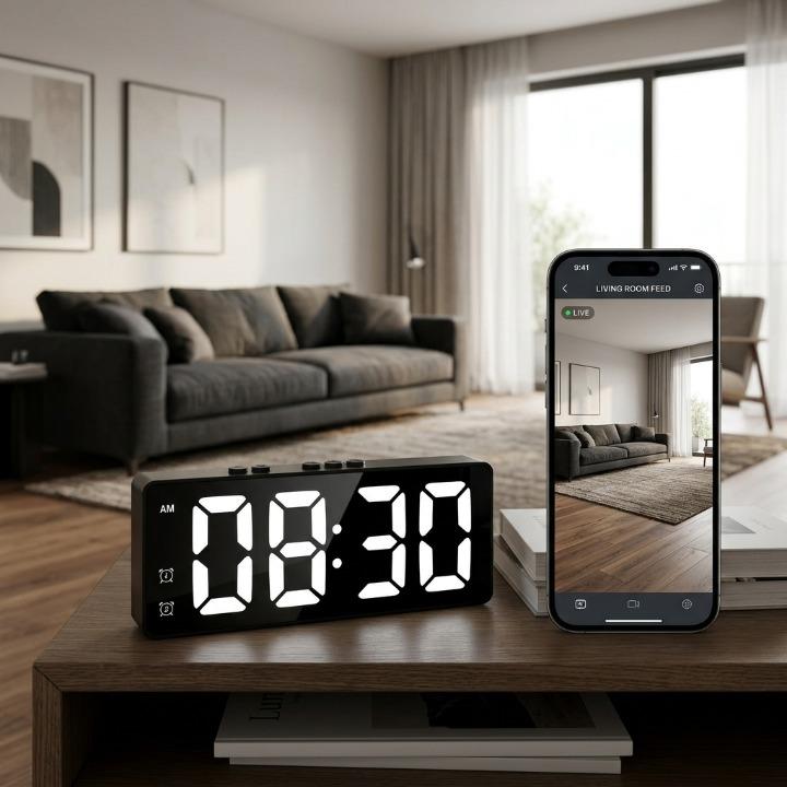 Digital Alarm Clock with 2K Security Camera – HD, Motion Detection & Wi-Fi