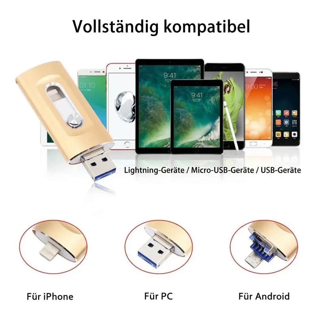 3-in-1 USB Flash Drive – Compatible with iPhone Android & PC Storage
