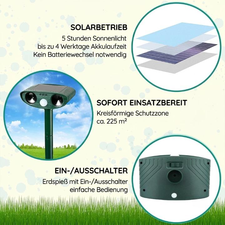 Solar Ultrasonic Animal Repeller – 110° PIR Sensor, IP44 & 13-40kHz Frequency