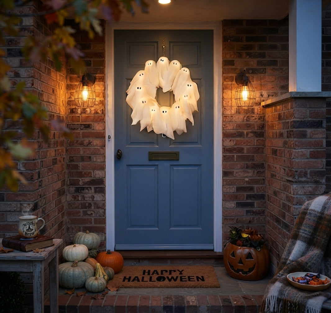 LED-Lit Ghost Halloween Wreath - 31cm, Door and Window Decor