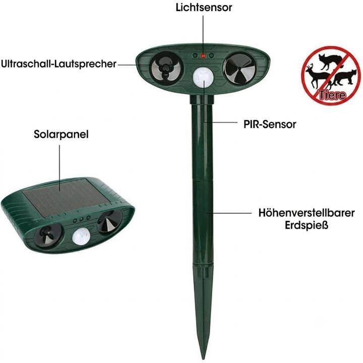 Solar Ultrasonic Animal Repeller – 110° PIR Sensor, IP44 & 13-40kHz Frequency