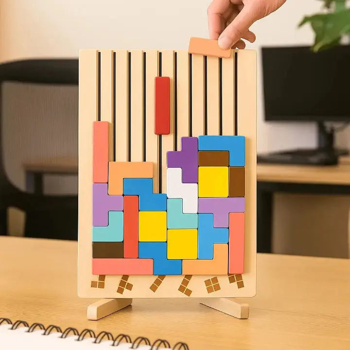 Wooden Tetris Puzzle Board – Brain Teaser Desk Toy & Tangram Strategy Game