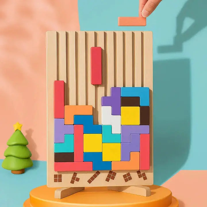 Wooden Tetris Puzzle Board – Brain Teaser Desk Toy & Tangram Strategy Game