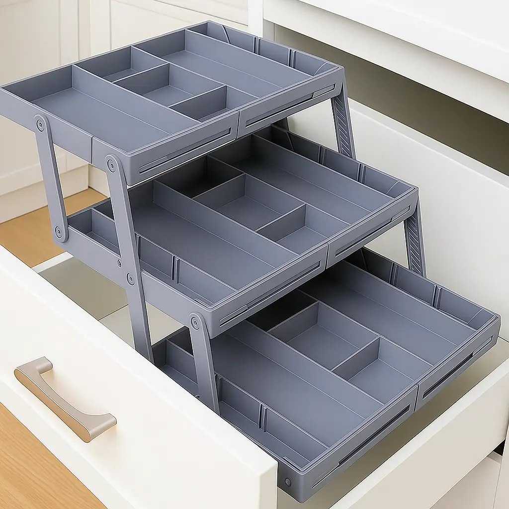 Expandable Drawer Organizer - 3-Tier Adjustable Space-Saving Tray for Kitchen