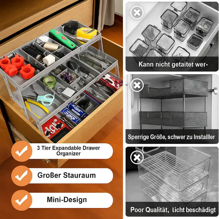 Expandable Drawer Organizer - 3-Tier Adjustable Space-Saving Tray for Kitchen