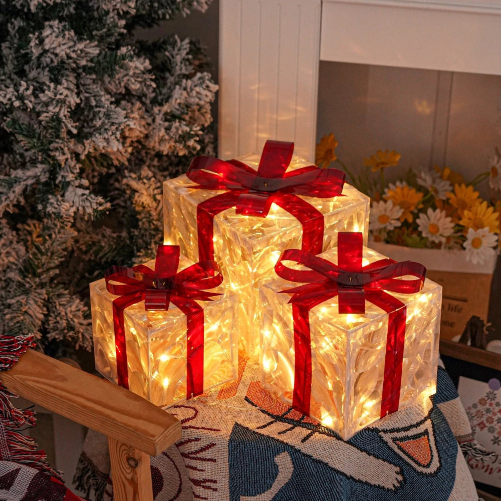 Lighted Christmas Gift Box Set of 3 with LED Illumination