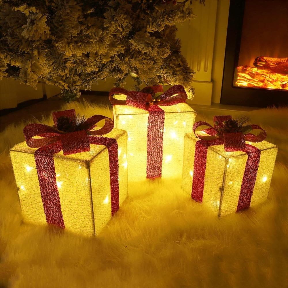 Lighted Christmas Gift Box Set of 3 with LED Illumination