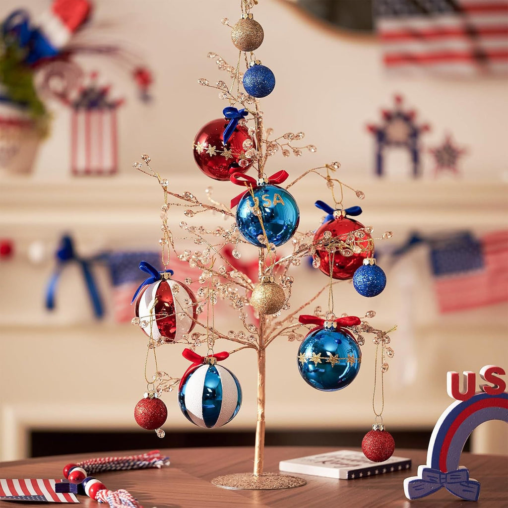 Americana Glitter Christmas Baubles Set of 12 – Red, White and Blue Ornaments