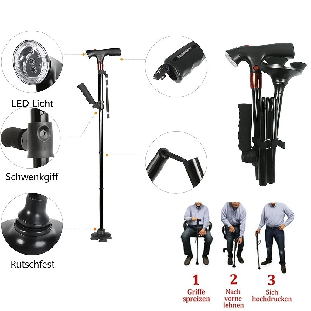Foldable Walking Cane with LED Light – Alarm Function &amp; Adjustable