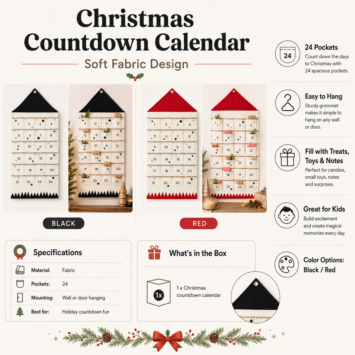 Fabric Christmas Countdown Calendar for Kids – 24 Pockets