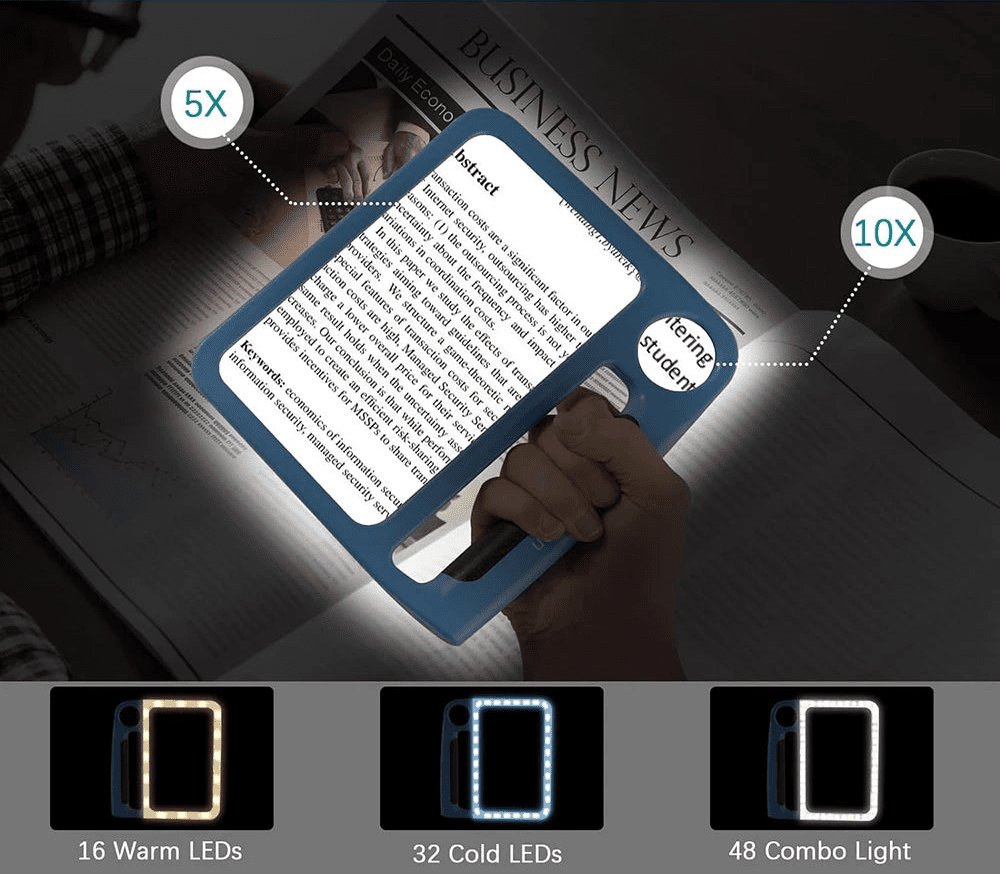 LED Magnifying Glass 5× & 10× – USB Rechargeable, 48 LEDs & Hands-Free