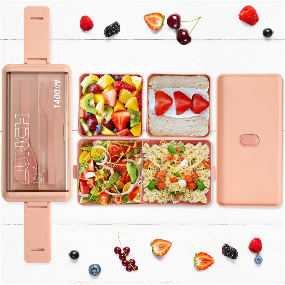 Bento Lunch Boxes – 1400ml Double Layer, Leak-Proof with Fork &amp; Spoon