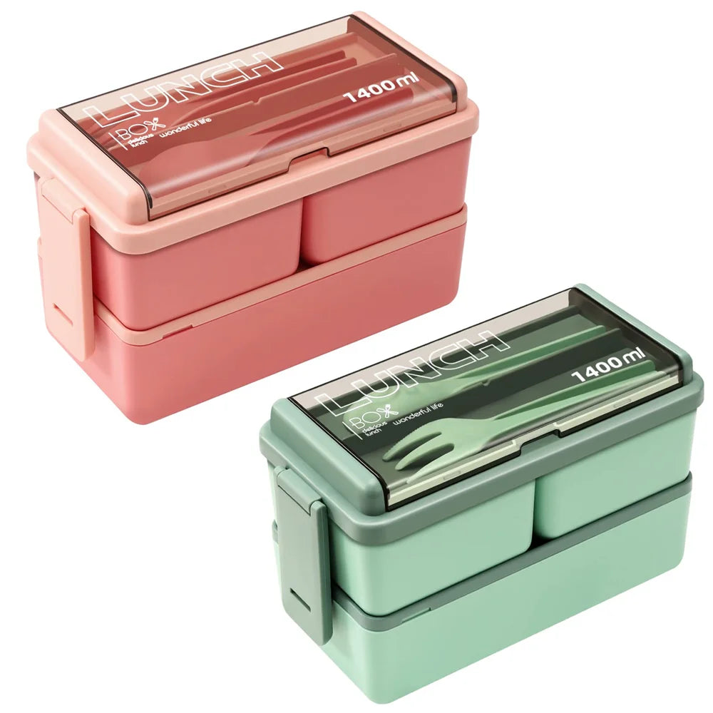 Bento Lunch Boxes – 1400ml Double Layer, Leak-Proof with Fork &amp; Spoon