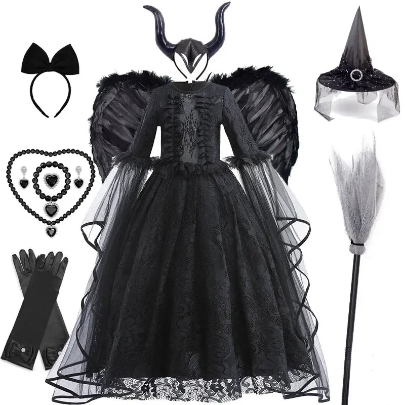 Girls' Witch Queen Halloween Costume Dress with Lace Ruffles