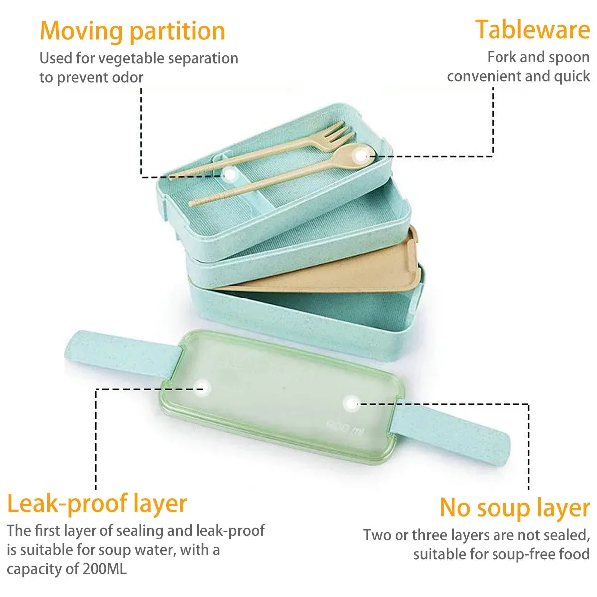 Bento Lunch Boxes – 3-Tier Wheat Straw 900ml, Leak-Proof with Utensils