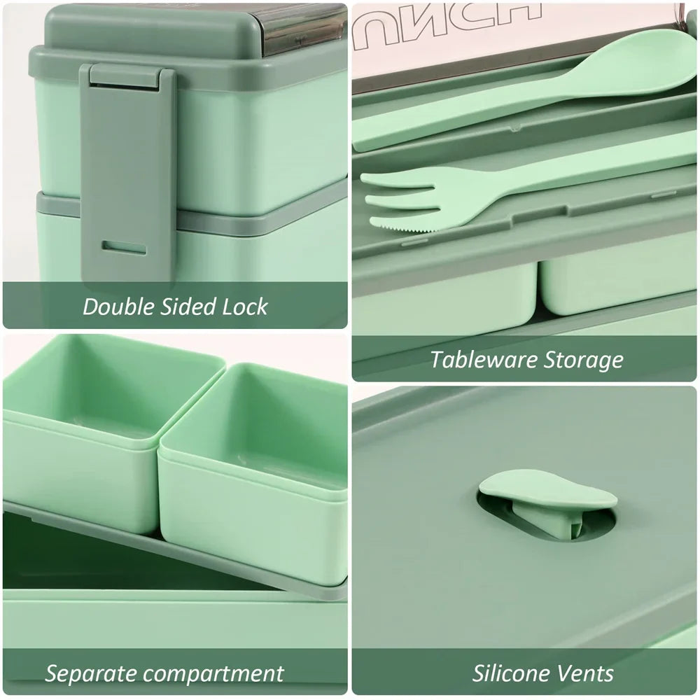 Bento Lunch Boxes – 1400ml Double Layer, Leak-Proof with Fork &amp; Spoon
