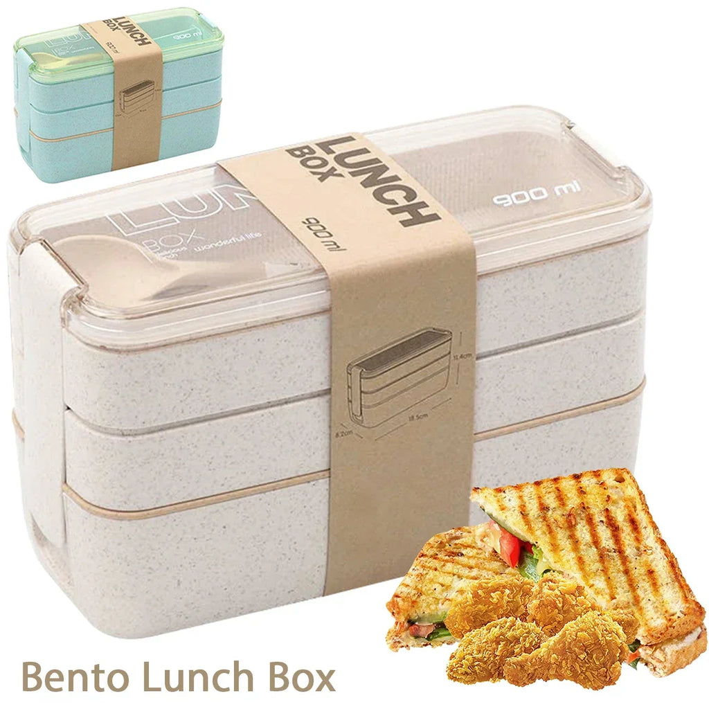 Bento Lunch Boxes – 3-Tier Wheat Straw 900ml, Leak-Proof with Utensils