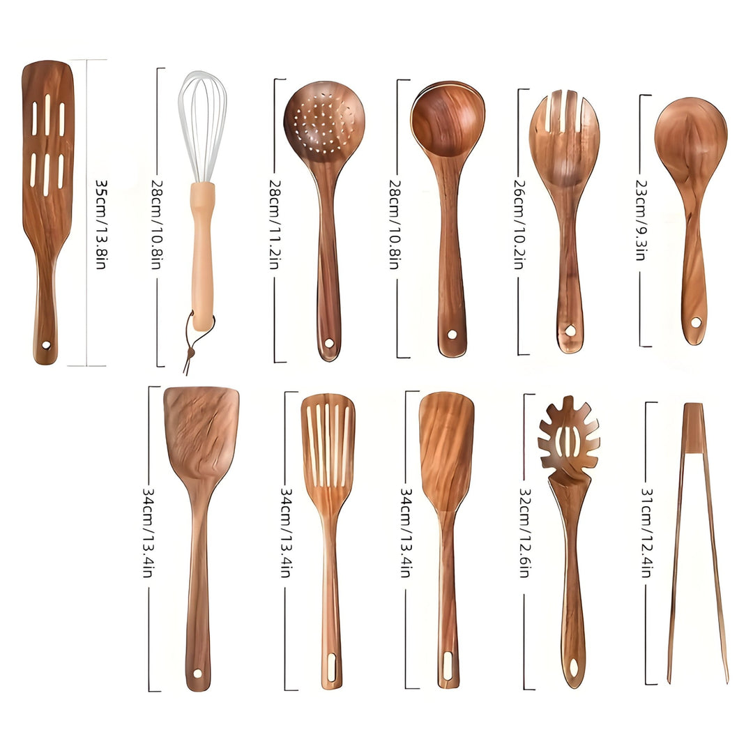 Wooden Kitchen Utensil Set – 11-Piece with Whisk &amp; Holder