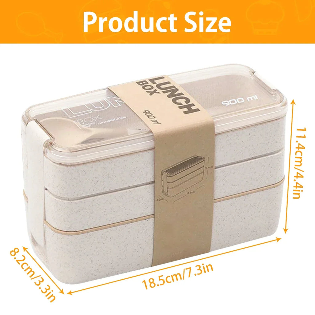 Bento Lunch Boxes – 3-Tier Wheat Straw 900ml, Leak-Proof with Utensils