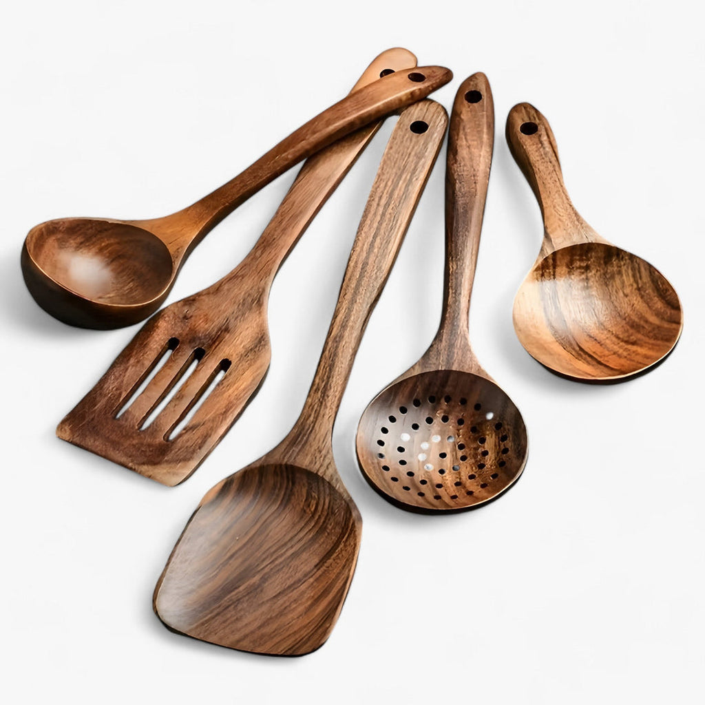 Wooden Kitchen Utensil Set – 11-Piece with Whisk &amp; Holder