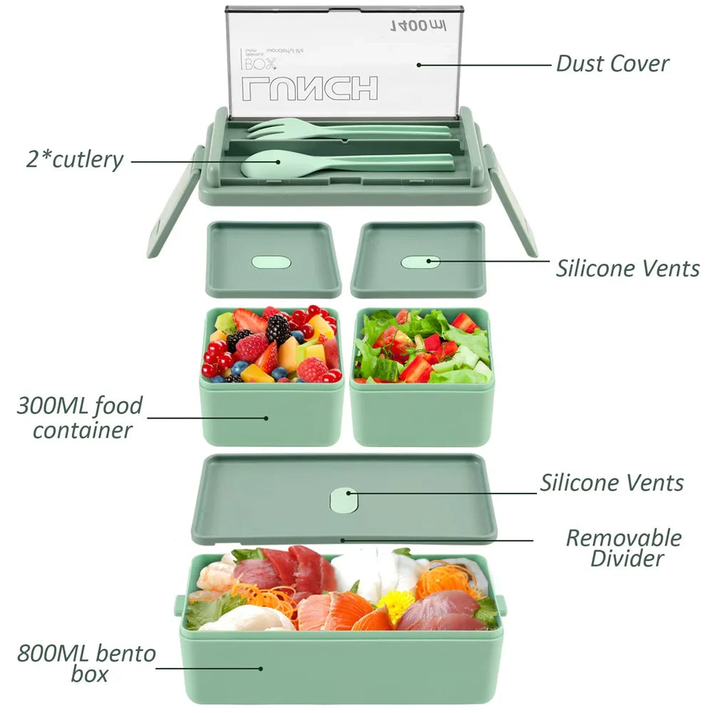 Bento Lunch Boxes – 1400ml Double Layer, Leak-Proof with Fork &amp; Spoon
