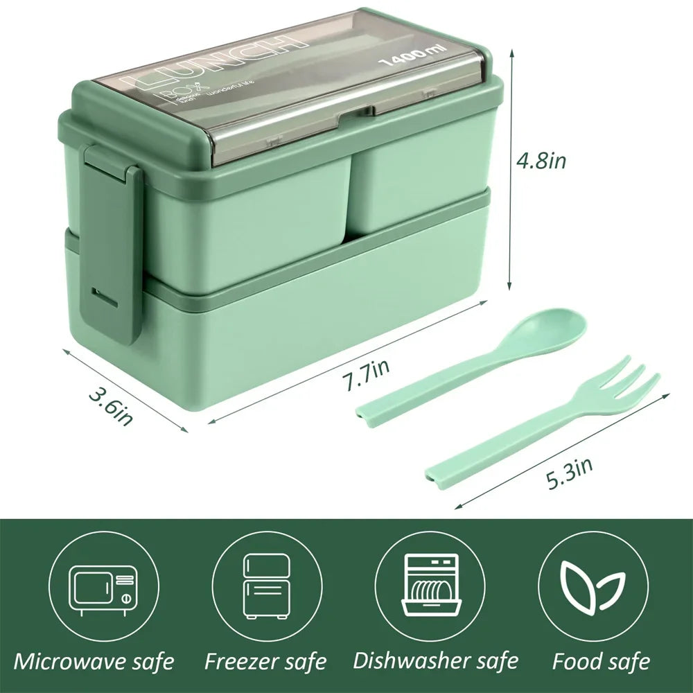 Bento Lunch Boxes – 1400ml Double Layer, Leak-Proof with Fork &amp; Spoon