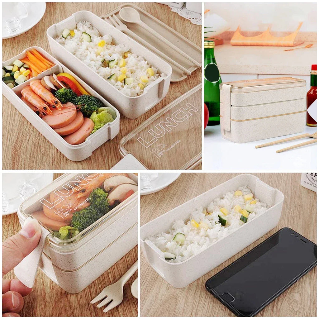 Bento Lunch Boxes – 3-Tier Wheat Straw 900ml, Leak-Proof with Utensils