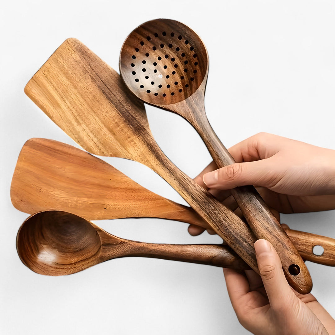 Wooden Kitchen Utensil Set – 11-Piece with Whisk &amp; Holder