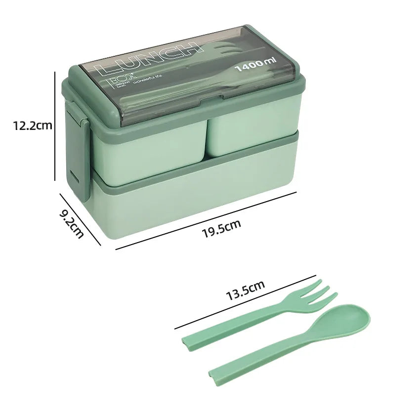 Bento Lunch Boxes – 1400ml Double Layer, Leak-Proof with Fork &amp; Spoon