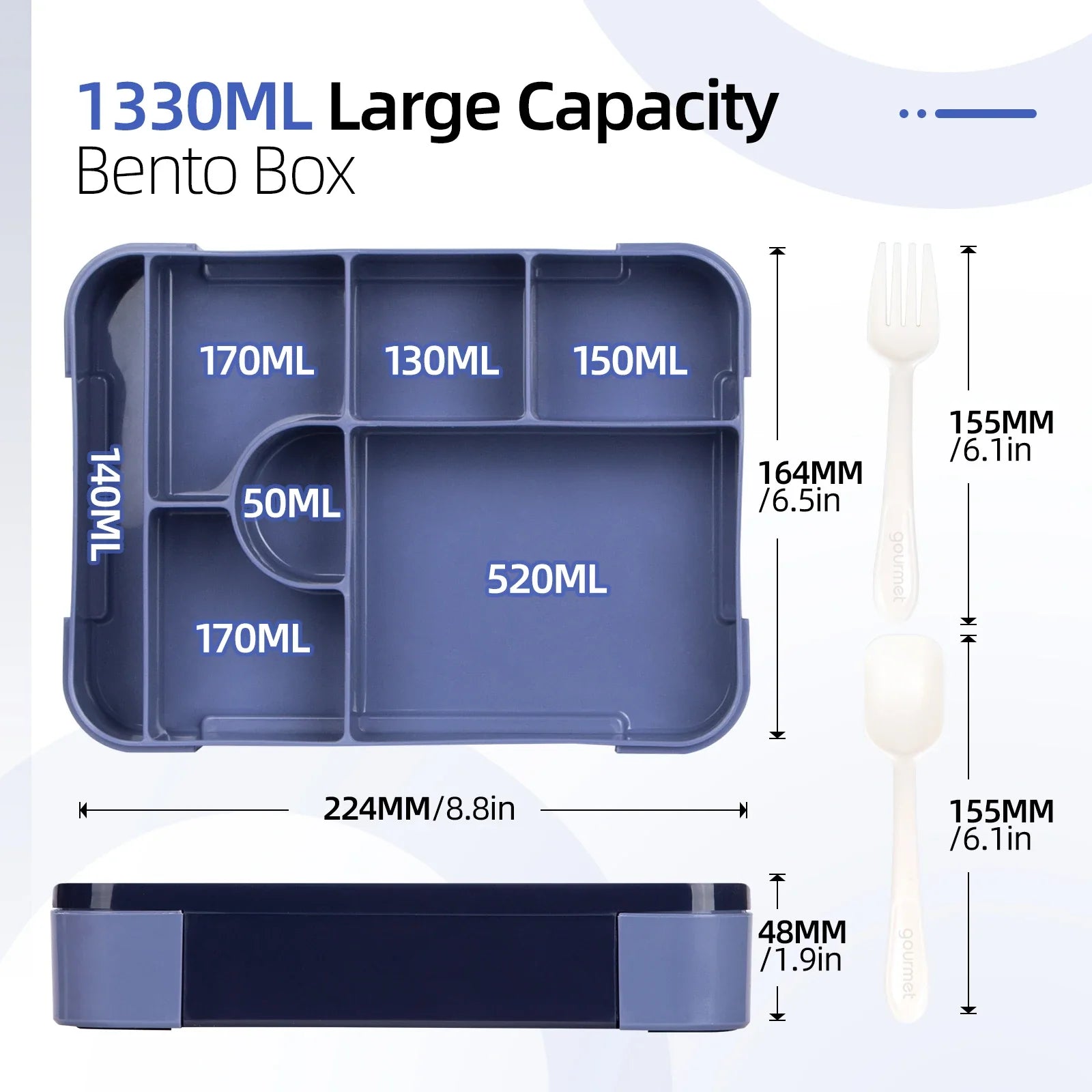 Bento Lunch Boxes – 1330ml, 7 Compartments, Leak-Proof with Cutlery