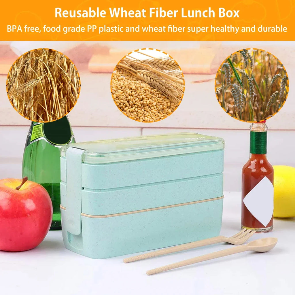 Bento Lunch Boxes – 3-Tier Wheat Straw 900ml, Leak-Proof with Utensils