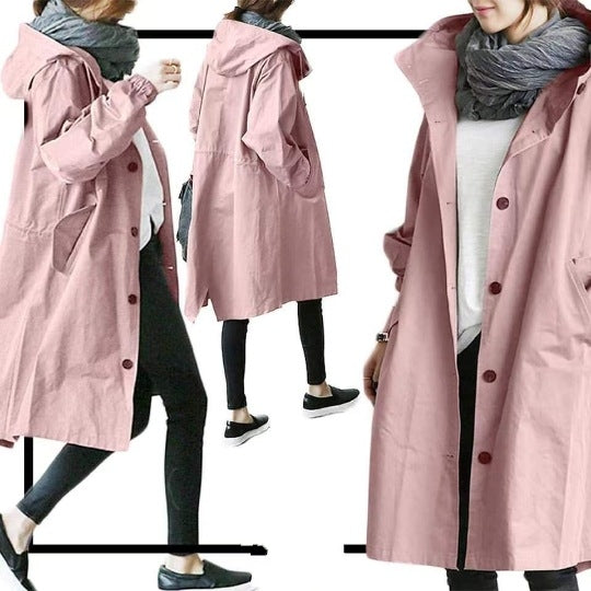 Windproof Women's Trench Coat – Hooded Waterproof Outdoor Jacket